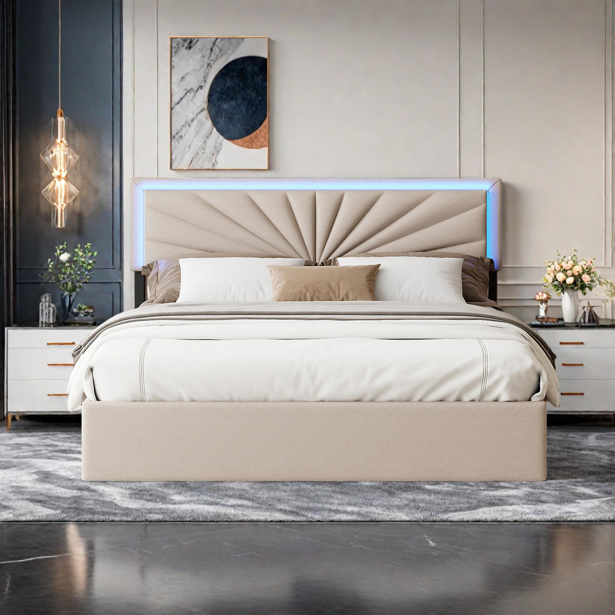 POLSTERBETT 140x200 cm Beige LED höhenverstellbar 4 Schubladen - Beige, Metall (140/200cm) - SHOPENTRA