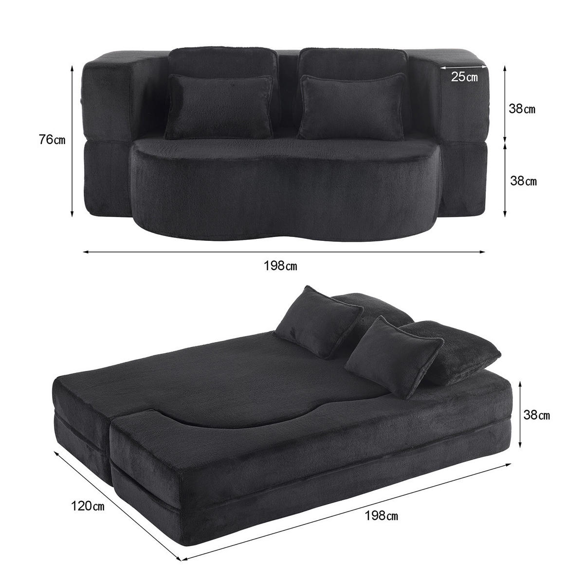 BODENSCHLAFSOFA mit Schlaffunktion, 4 Kissen und ergonomischer Polsterung, Schwarz - Schwarz, Textil (198/76/60cm) - Redom