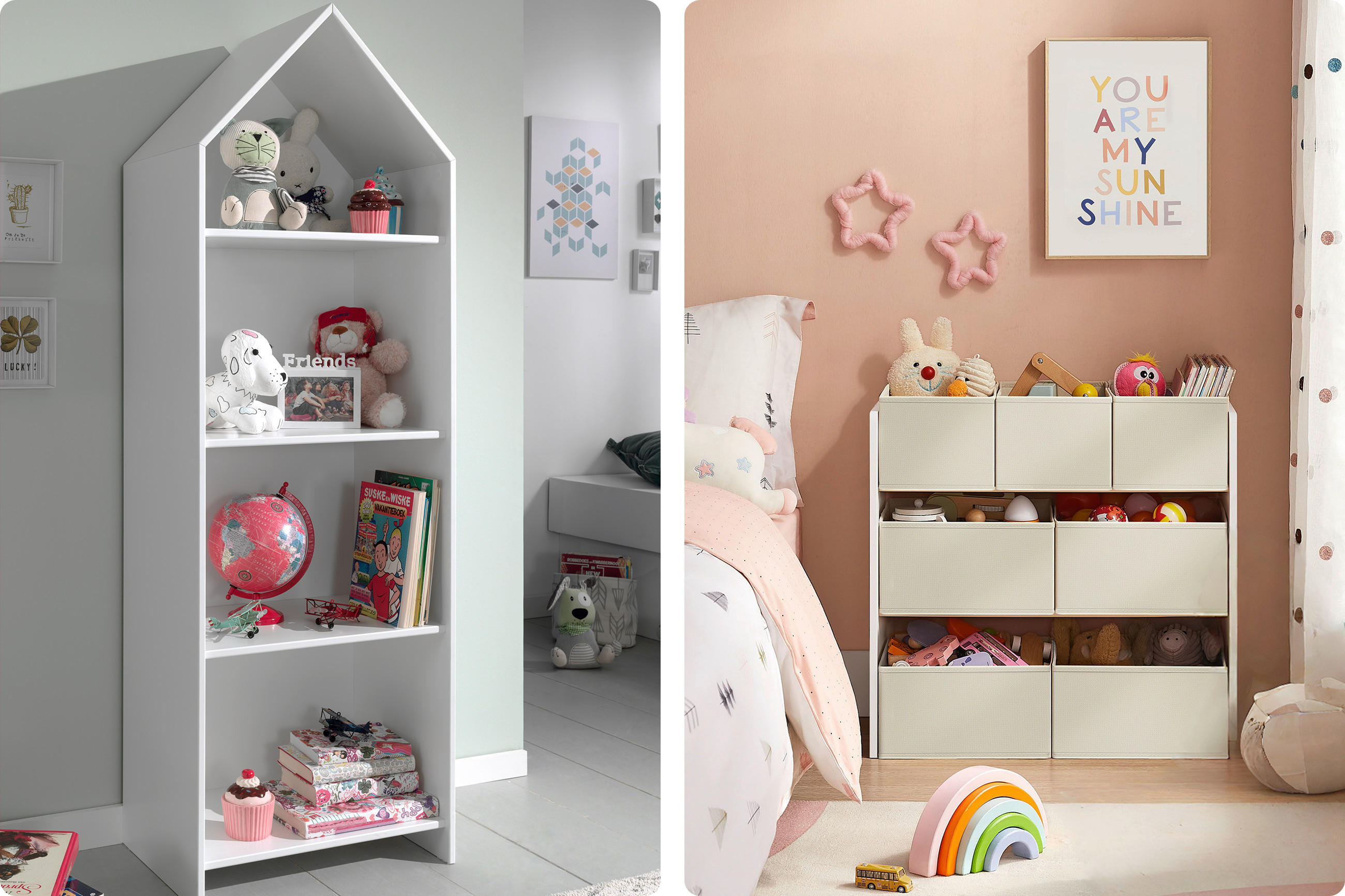 Links ein weißes, hausförmiges Regal mit Spielzeug und Büchern, rechts ein weißes Regal mit Schubladen vor einer rosa Wand mit Stern-Deko und einem Bild mit dem Text "YOU ARE MY SUNSHINE"