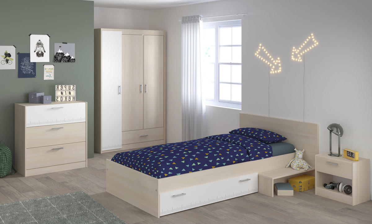 JUGENDZIMMER Set 4-tlg Kleiderschrank Kommode Bett 90 x 200 cm - Silberfarben/Weiß, Holz/Holzwerkstoff (90/179/200cm) - Parisot Meuble