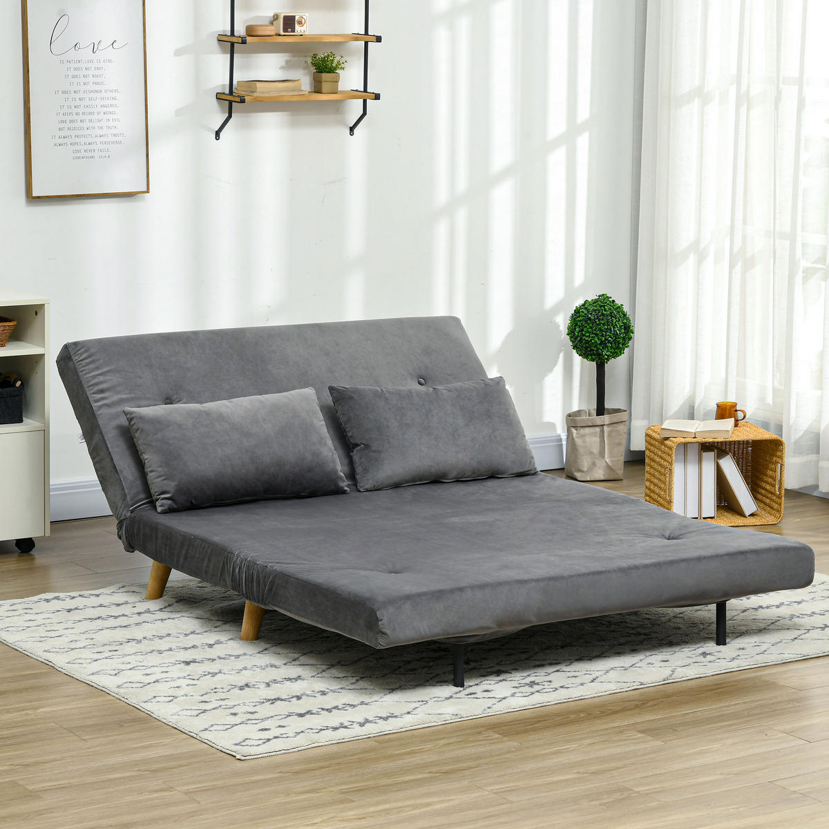 SCHLAFSOFA 2-Sitzer Sofa mit Bettfunktion Klappsofa mit verstellbare Rückenlehne - Naturfarben/Grau, Holz/Textil (78/79/130cm) - HOMCOM
