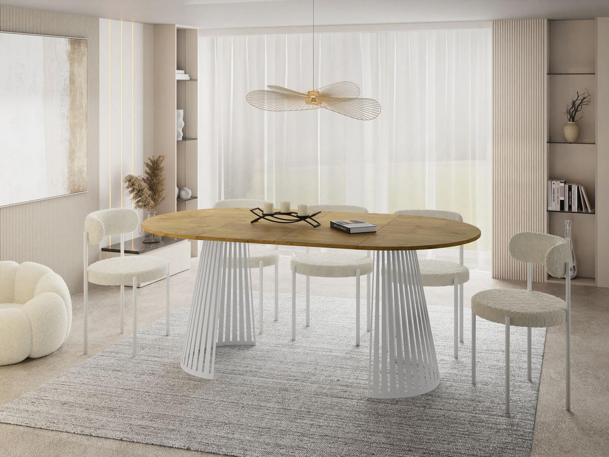 ESSTISCH Naro rund ausziehbar mit Weißem Lamellen-Metallgestell, Braun 100-180/100/76 cm - Eichefarben/Weiß, Holzwerkstoff/Metall (100/100/76cm) - WFL GROUP