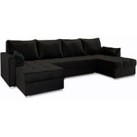 WOHNLANDSCHAFT NAKO Schwarz Plüsch-Stoff mit Schlaffunktion - Schwarz, Holz (285/85/140cm) - MASSENO