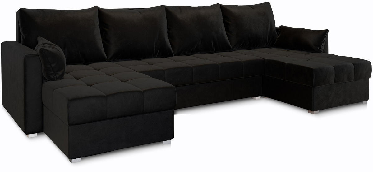 WOHNLANDSCHAFT NAKO Schwarz Plüsch-Stoff mit Schlaffunktion - Schwarz, Holz (285/85/140cm) - MASSENO