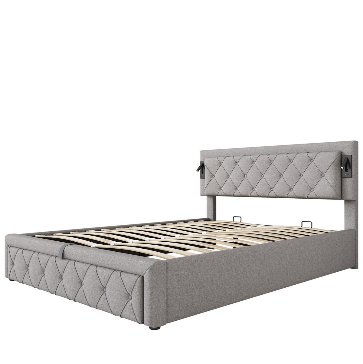 POLSTERBETT 160/200 cm mit Downlights, USB und hydraulischem Stauraum, Leinen, Grau - Grau, Textil (160/200cm) - Redom