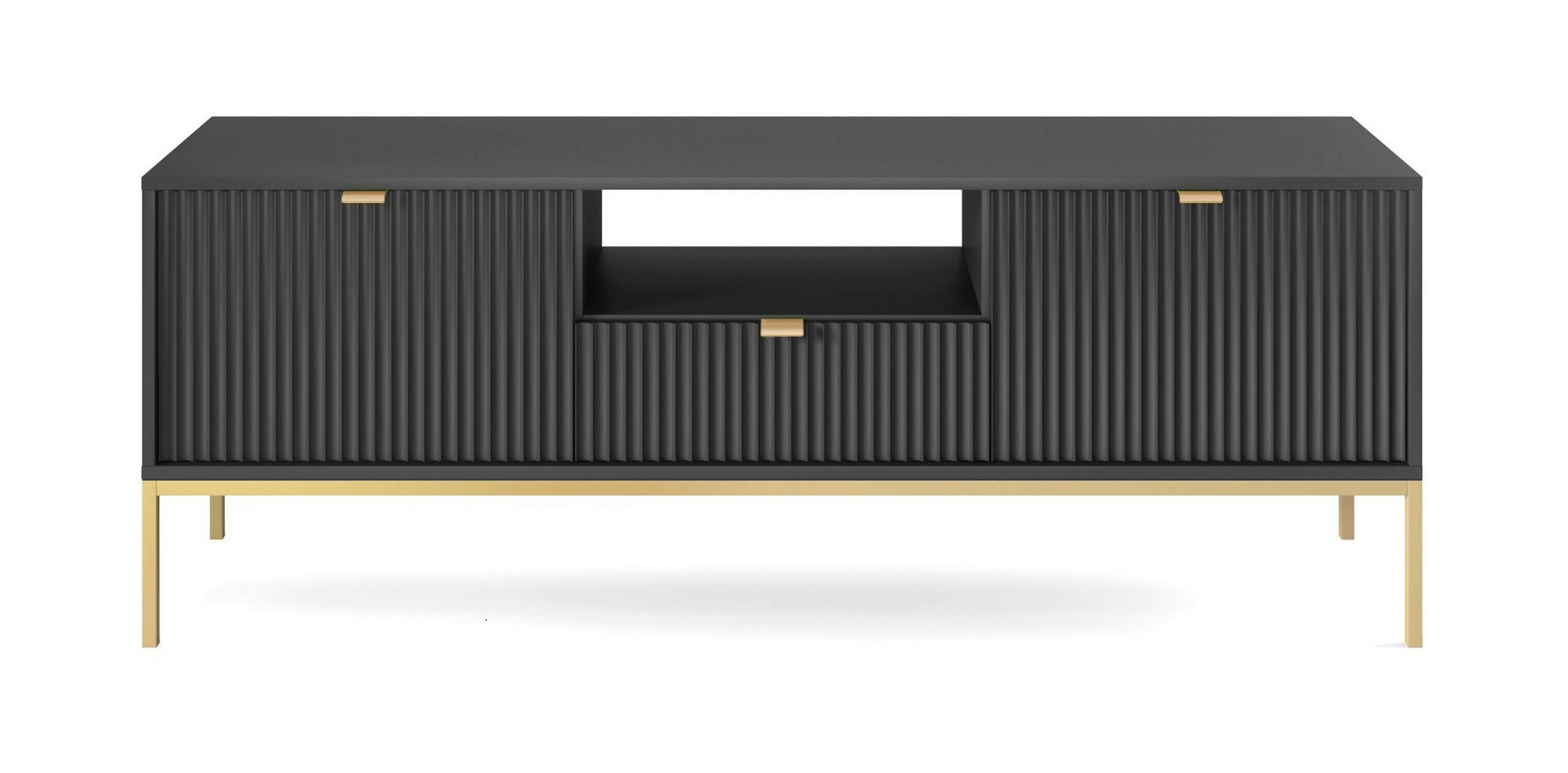 LOWBOARD Eternas 2T 1S Schwarz 154/56/39 cm – goldene Füße, mit geriffelten Fronten und offener Ablage - Goldfarben/Schwarz, Holzwerkstoff (154/56/39cm) - AX Living