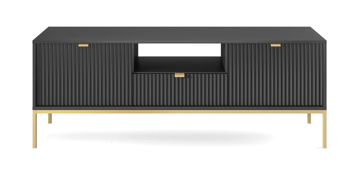 LOWBOARD Eternas 2T 1S Schwarz 154/56/39 cm – goldene Füße, mit geriffelten Fronten und offener Ablage - Goldfarben/Schwarz, Holzwerkstoff (154/56/39cm) - AX Living