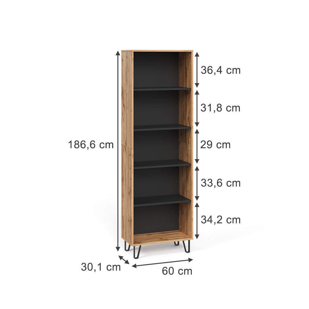 BÜCHERREGAL Amber Eiche Wotan 60 x 186.6 cm - Eiche Wotan/Schwarz, Holzwerkstoff (60/186.6/30.1cm) - Vicco