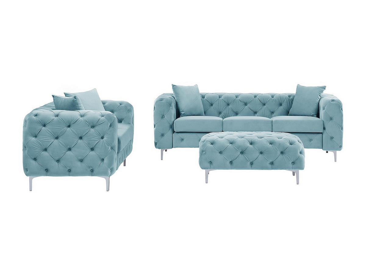 CHESTERFIELD-SOFA 3-Sitzer, 2-Sitzer & Chesterfield-Hocker - Samt - Pastellblau - EDWINA - Hellblau, Textil (91/76/220cm) - Vente-Unique