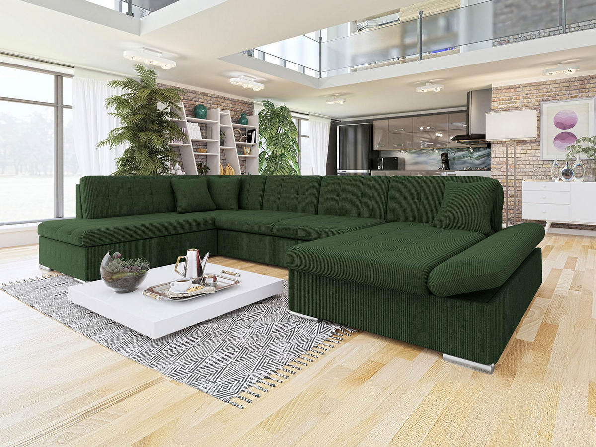 ECKSOFA Bergen Cord, Seite: Rechts - Dunkelgrün/Silberfarben, Holz/Textil (345/76/205cm) - MIRJAN24