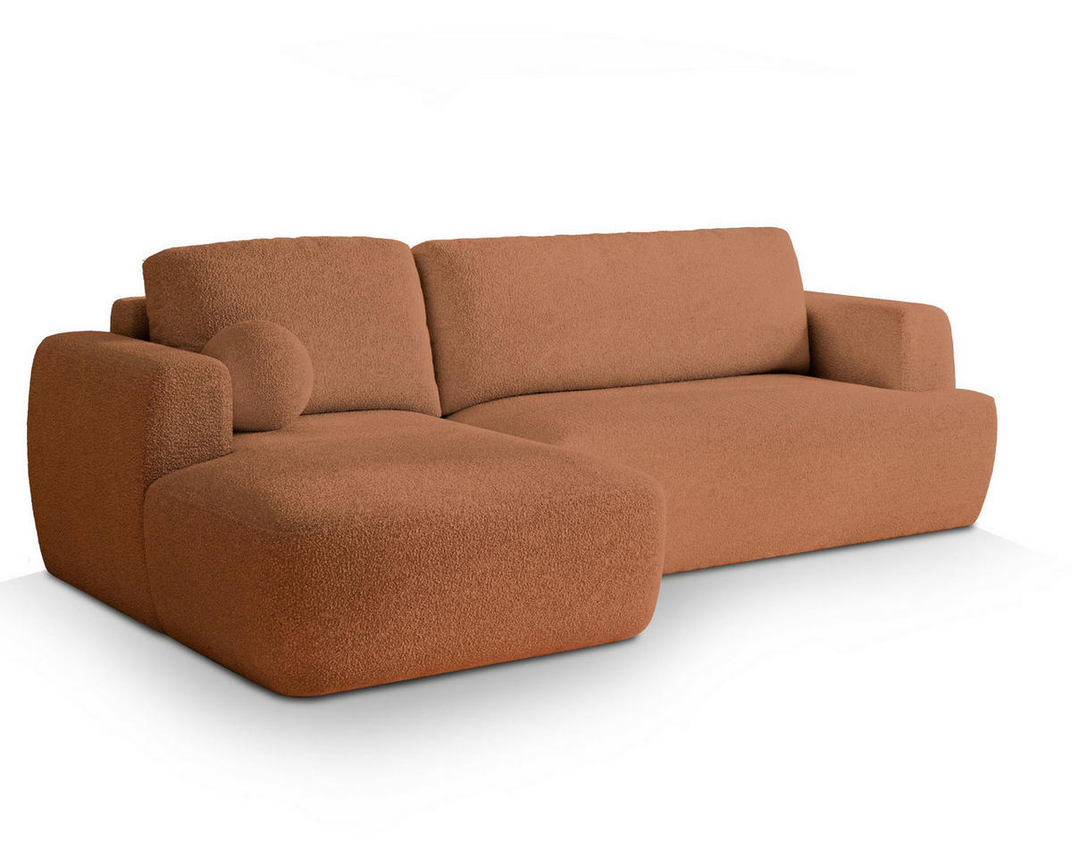 ECKSOFA SENTI N L-S Orange Boucle-Stoff mit Schlaffunktion - Orange, Holz (246/148cm) - MASSENO