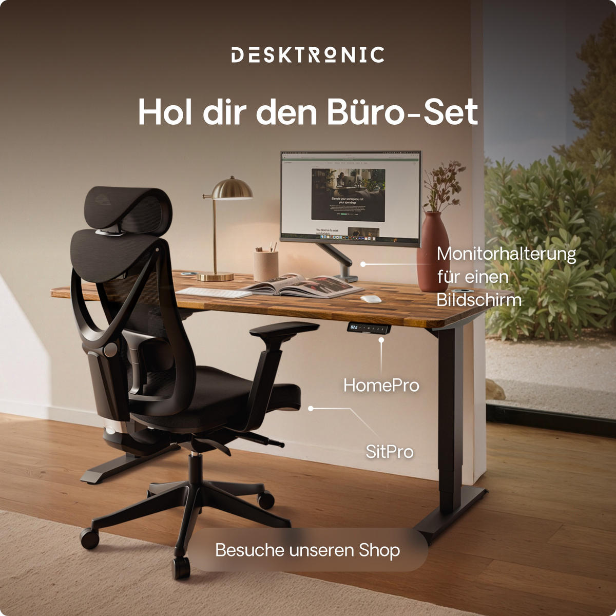 SCHREIBTISCH Elektrisch Höhenverstellbarer HomePro 120x60cm Schwarz/Massive Walnuss mit Memory-Funktion, Anti-Kollisions Technologie - Walnussfarben/Schwarz, Holz (60/120/63.5cm) - Desktronic