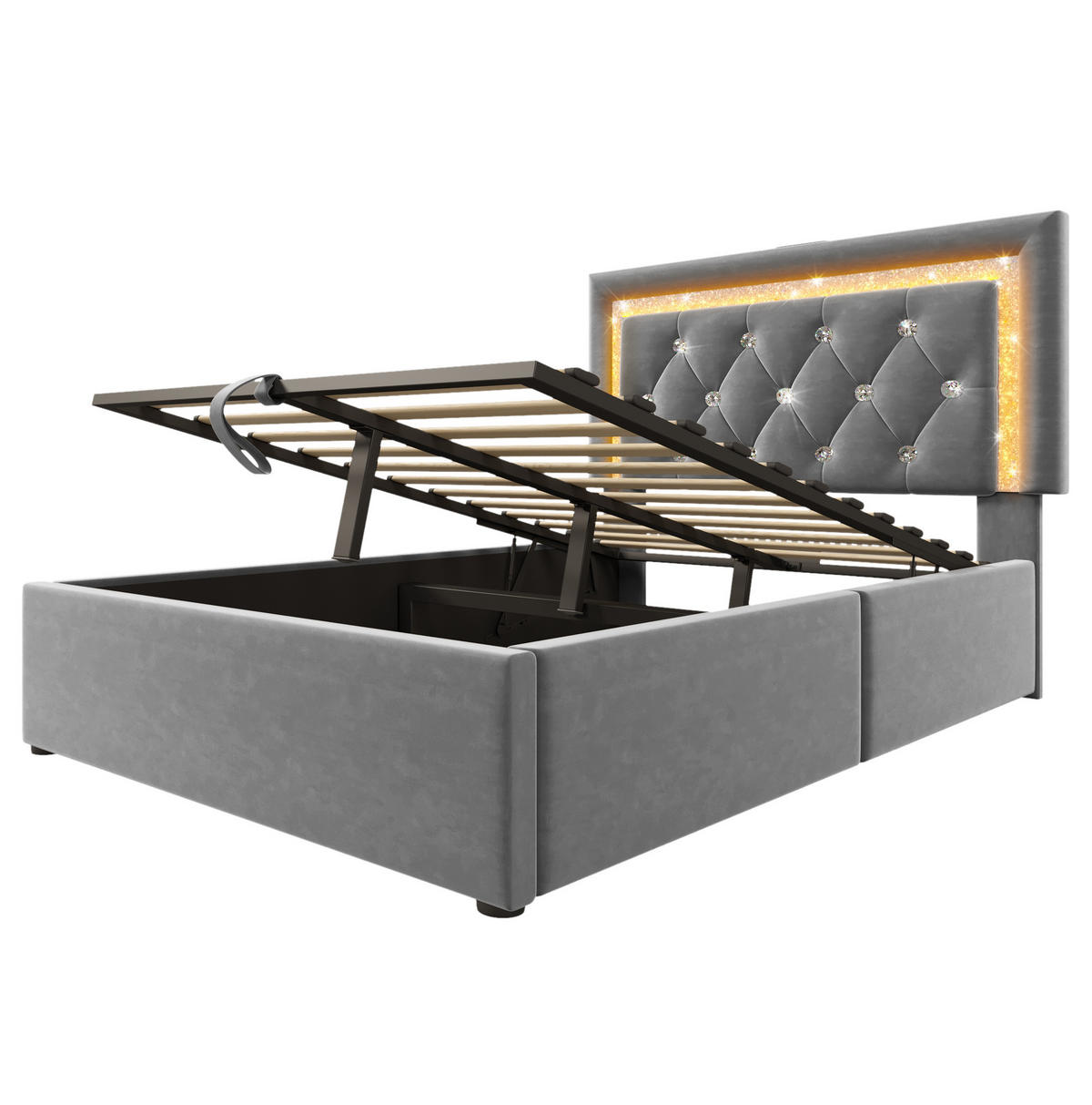 SAMT-POLSTERBETT 90/200 cm mit LED-Beleuchtung, Bettkasten & USB-C in Grau - Grau, Textil (90/200cm) - BEAOK