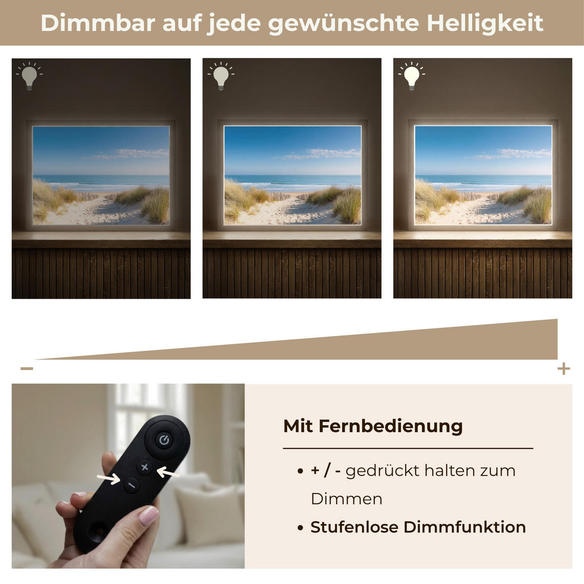 NÁSTĚNNÁ LAMPA S AKUMULÁTOREM Pláž - moře - duny - písek - léto 40x30 cm - písková barva, kompozitní dřevo (40/30/8cm) - OnlyWow