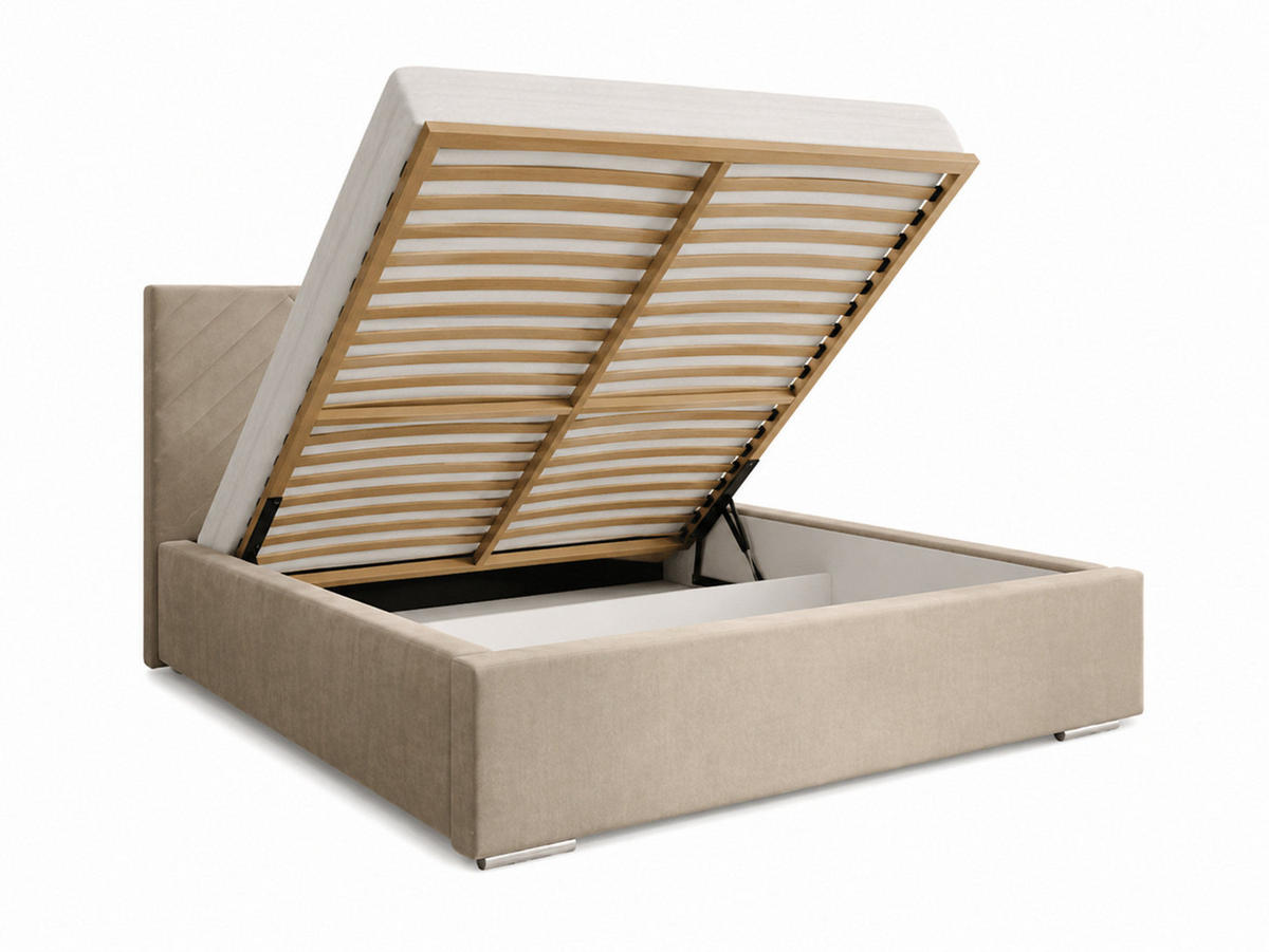 MARPUR Polsterbett AURA 140x200 cm mit Bettkasten und Lattenrost, Veloursstoff Hellbraun - Chromfarben/Hellbraun, Holz/Holzwerkstoff (140/200cm) - Marpur