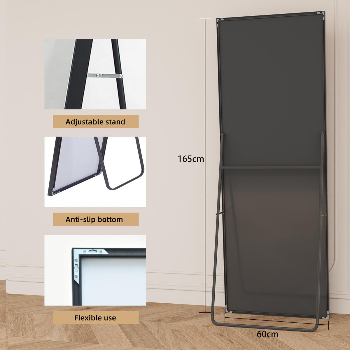 STANDSPIEGEL 1650 × 600 mm, freistehend/zur Wandmontage, schwarz, Rahmen aus Aluminiumlegierung - Schwarz, Glas (60/165/3cm) - WoodenAura
