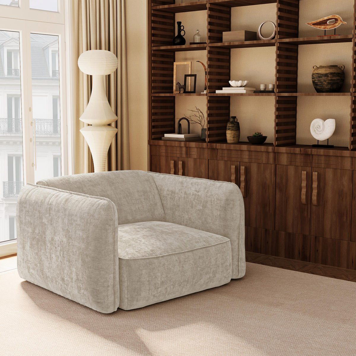 SESSEL LOMI Geprägter Samt Taupe 118cm - Taupe, Textil (118/76/102cm) - Premium Interiors