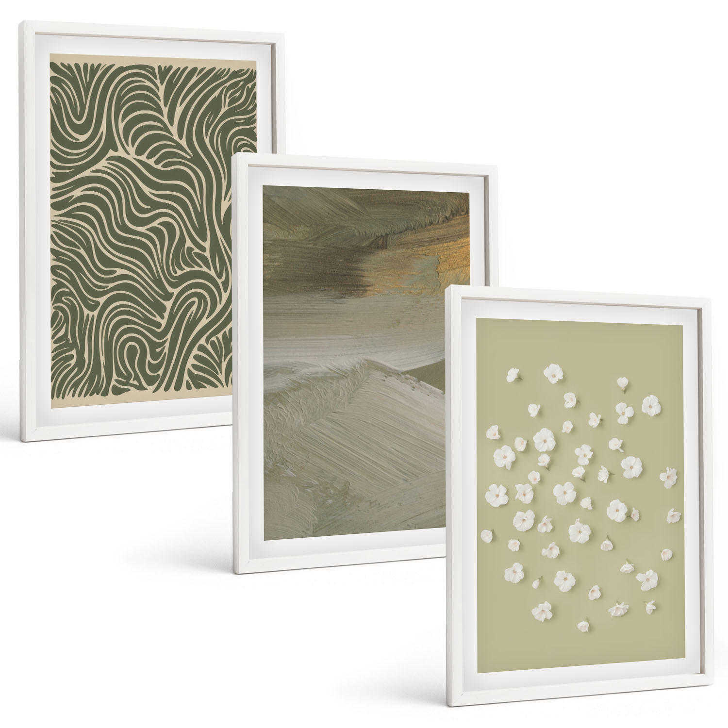 BILDER SET 3er Set - 40x60 cm Weißer Rahmen - Abstrakte florale Wellenmuster - Weiß, Kunststoff (40/60cm) - TULUP