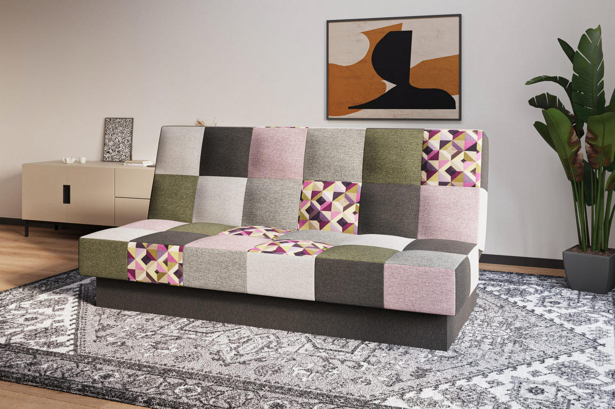 SCHLAFSOFA - Cyprus patchwork - Rosa + Oliv - Rosa, Holz (192/85/92cm) - Möblo
