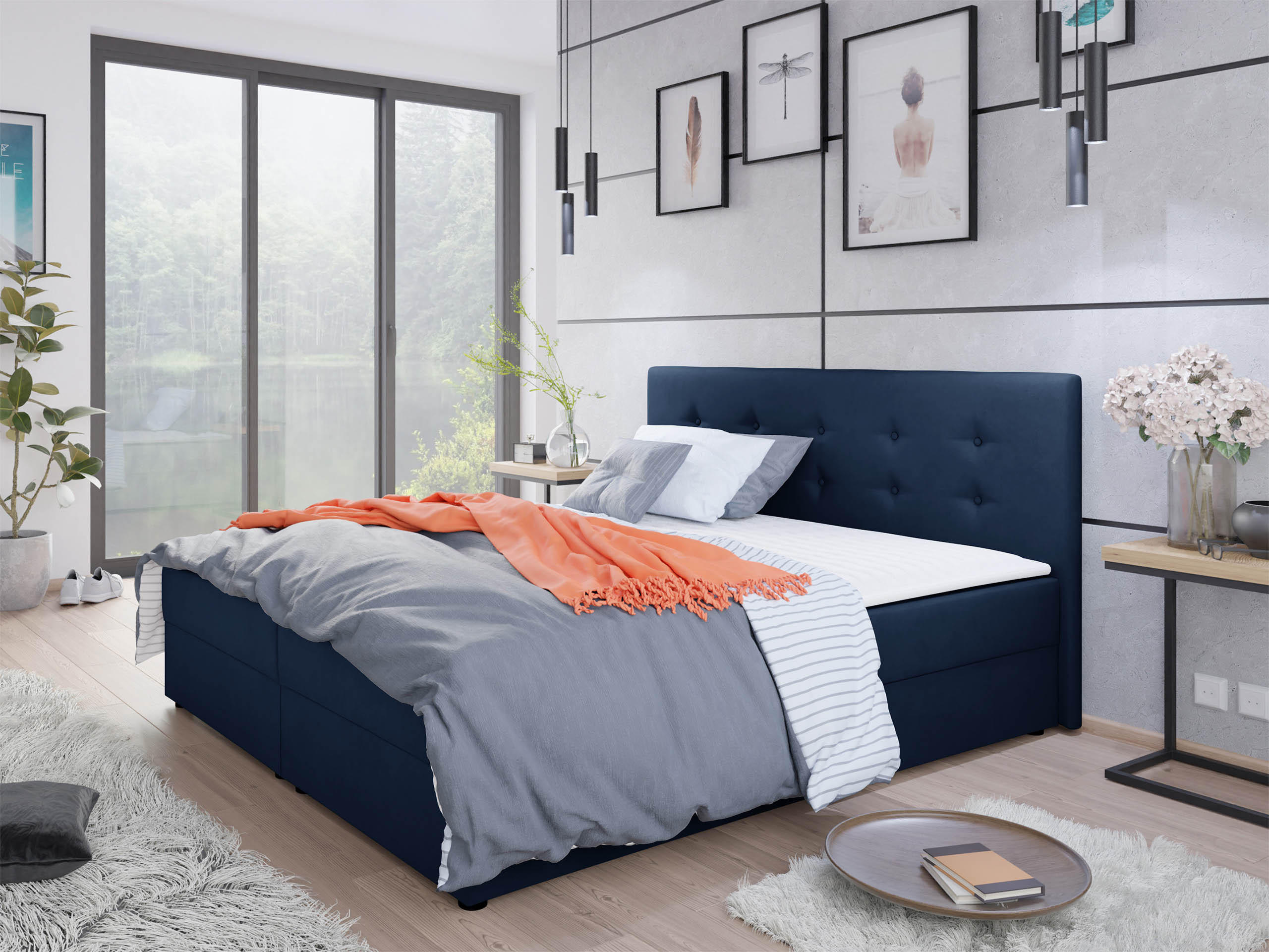 Thumbnail - Mirjan24 Boxbett, Blau, Textil, Kiefer, H3, Höhe ca. 18 cm, Rechteckig, 180x200 cm, Schlafzimmer, Betten, Boxspringbette...