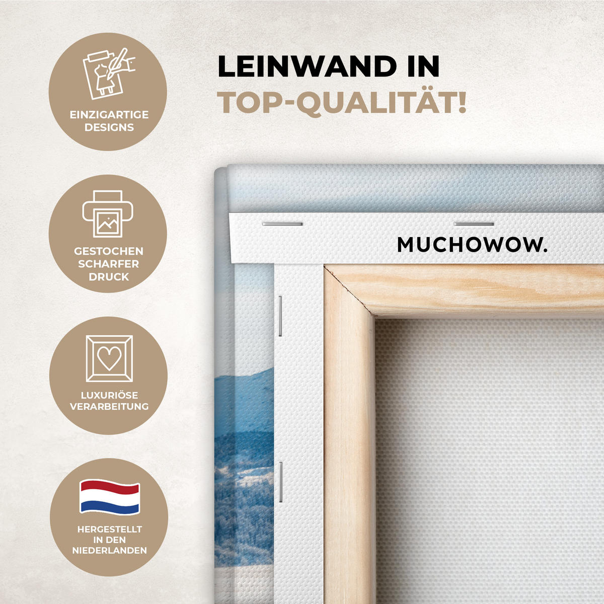 LEINWANDBILD Winter - Hütte - Berge - Aussicht - Schnee Wanddeko 90x60 cm - Eichefarben, Textil (90/60cm) - MuchoWow