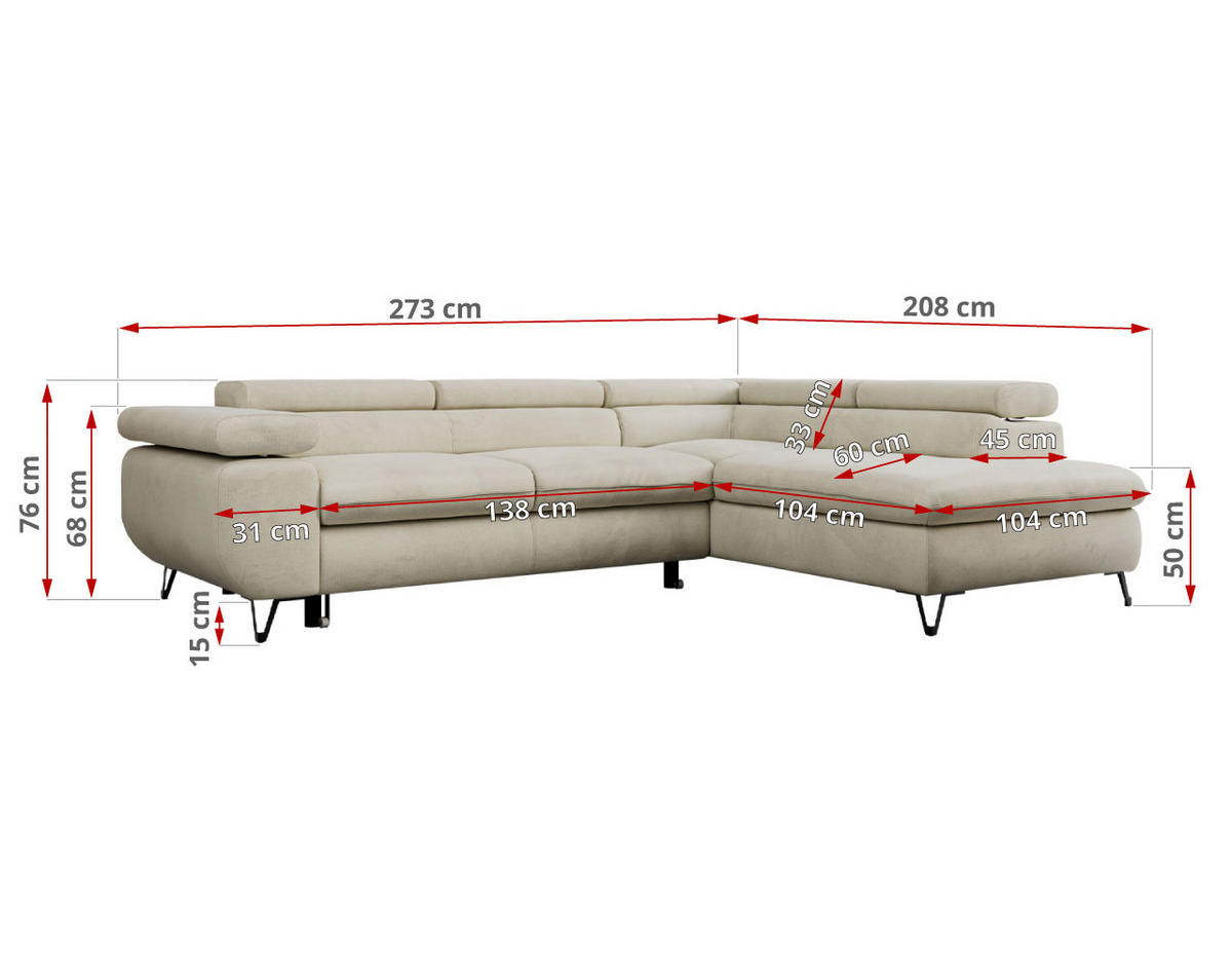 ECKSOFA PETER L Beige Velvet - Links Seite - Beige/Schwarz, Textil/Metall (208/273cm) - MKS