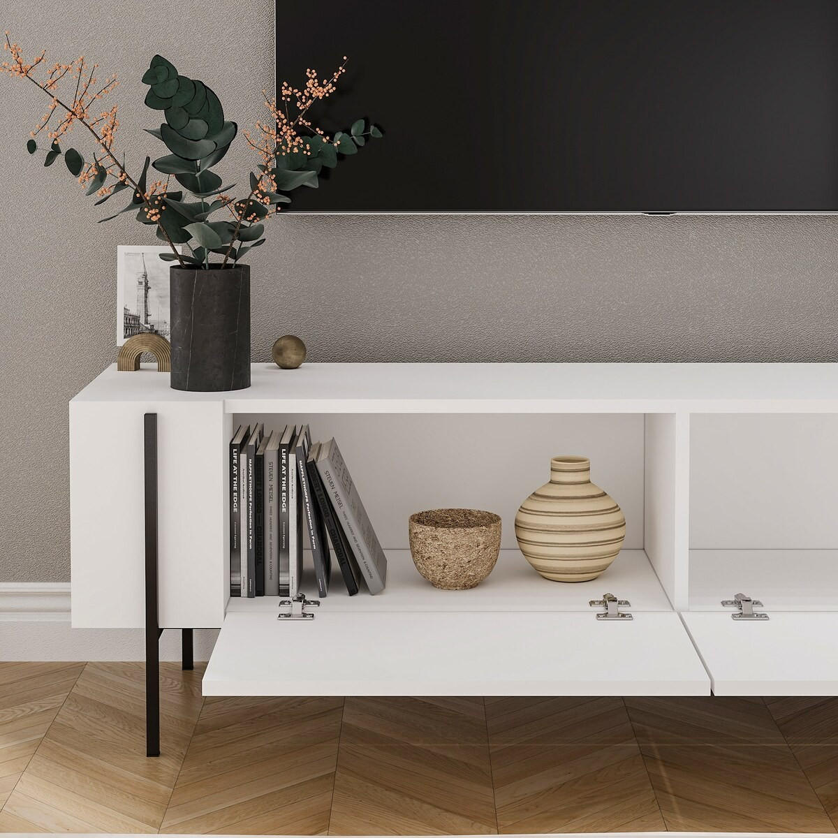 TV-MÖBEL mit 2 klappbaren Türen und Metallfüßen 31,4/160/45,6 cm - Weiß, Holzwerkstoff (31.4/45.6/160cm) - Calicosy