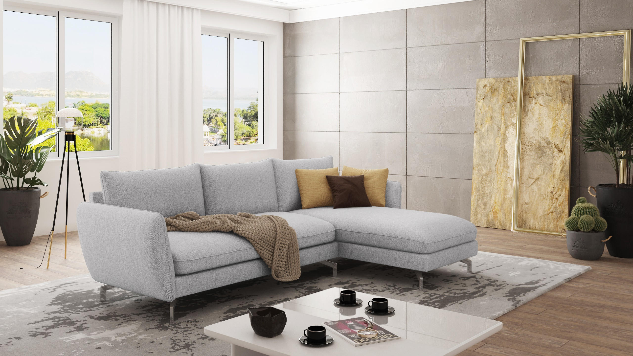 ECKSOFA Elou Silber Microfaser - Chromfarben/Silberfarben, Holz/Textil (261/167cm) - S-Style Möbel