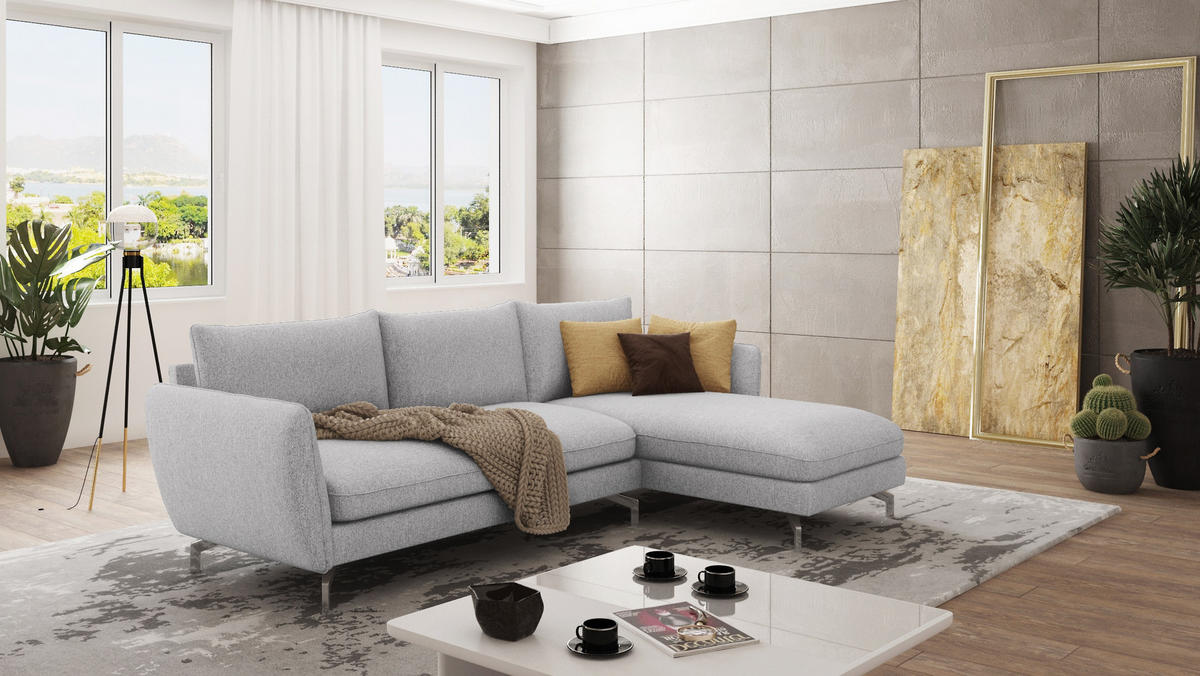 ECKSOFA Elou Silber Microfaser - Chromfarben/Silberfarben, Holz/Textil (261/167cm) - S-Style Möbel