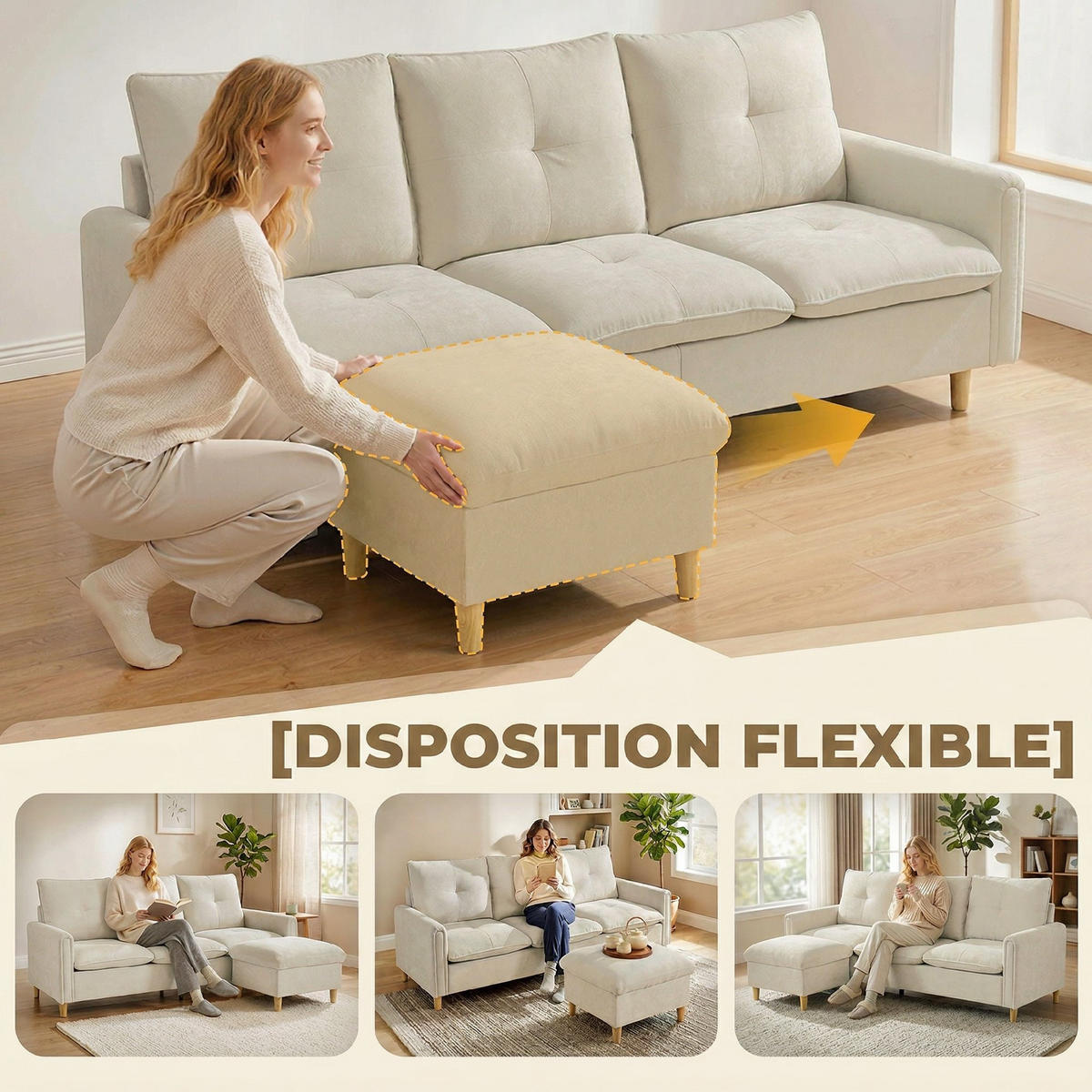 SOFA, 3-Sitzer, modular, Stauraumhocker, Leinenoptik, cremefarben, 210cm - Multicolor, Holzwerkstoff (210/80/77cm) - FORIOUS