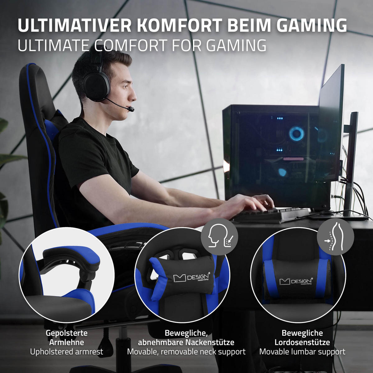 GAMING STUHL Schwarz-Blau aus Kunstleder - Blau/Schwarz, Kunststoff/Metall (62/119/62cm) - ML-DESIGN