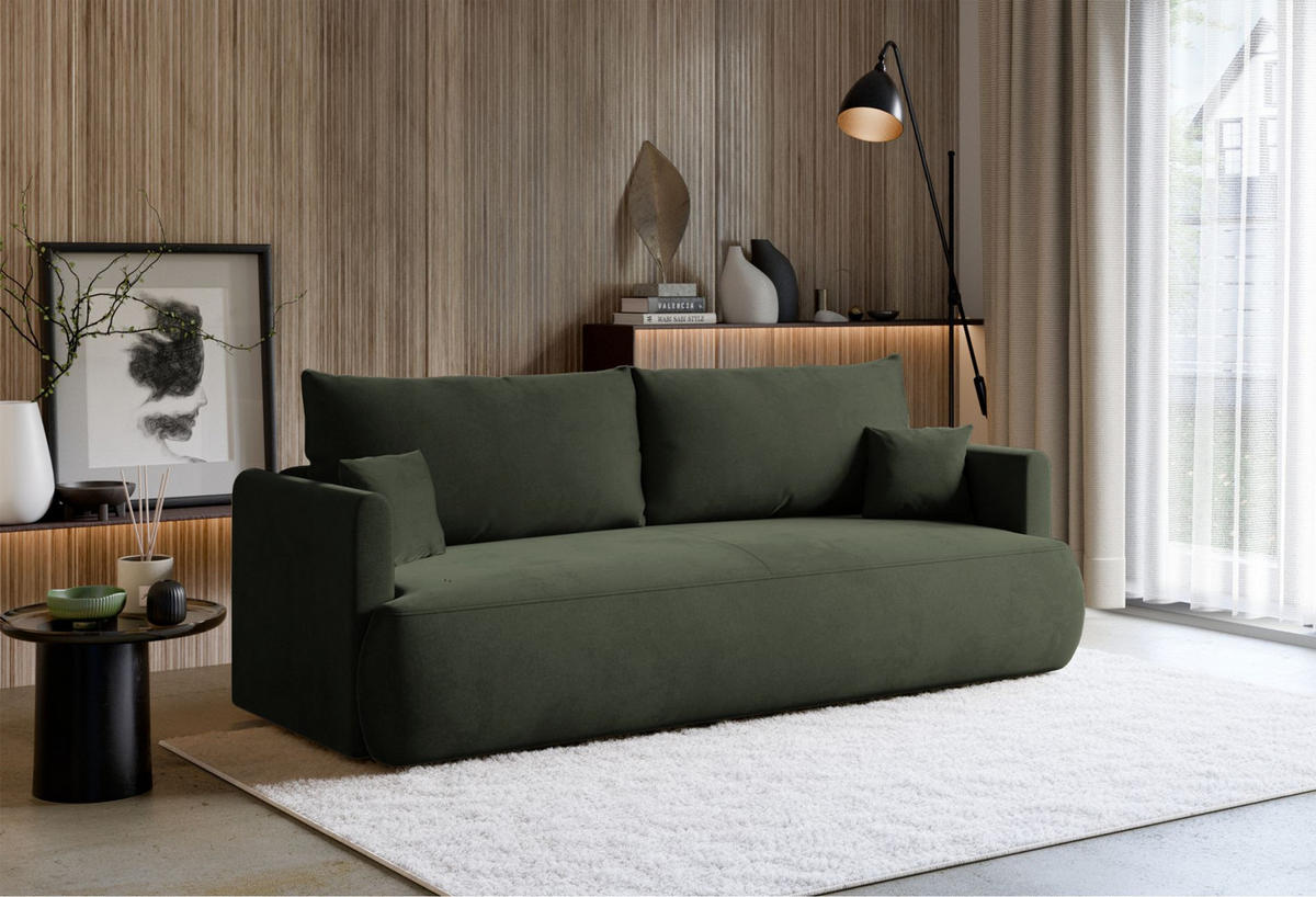 3-SITZER SOFA Ovo Mini Olivgrün Velours Easy-Clean - Schwarz/Olivgrün, Kunststoff/Textil (226/90/97cm) - Selsey