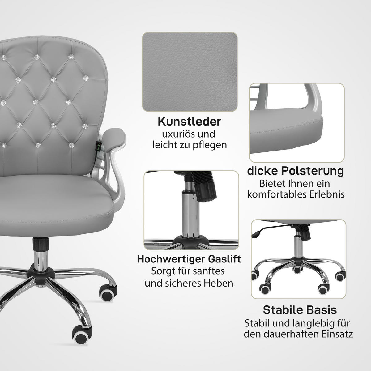 BÜROSTUHL, Ergonomisch Schreibtischstuhl mit Armlehne, Gepolsterter Rückenlehne - Hellgrau, Kunststoff (60.5/103/59.5cm) - Vinsetto