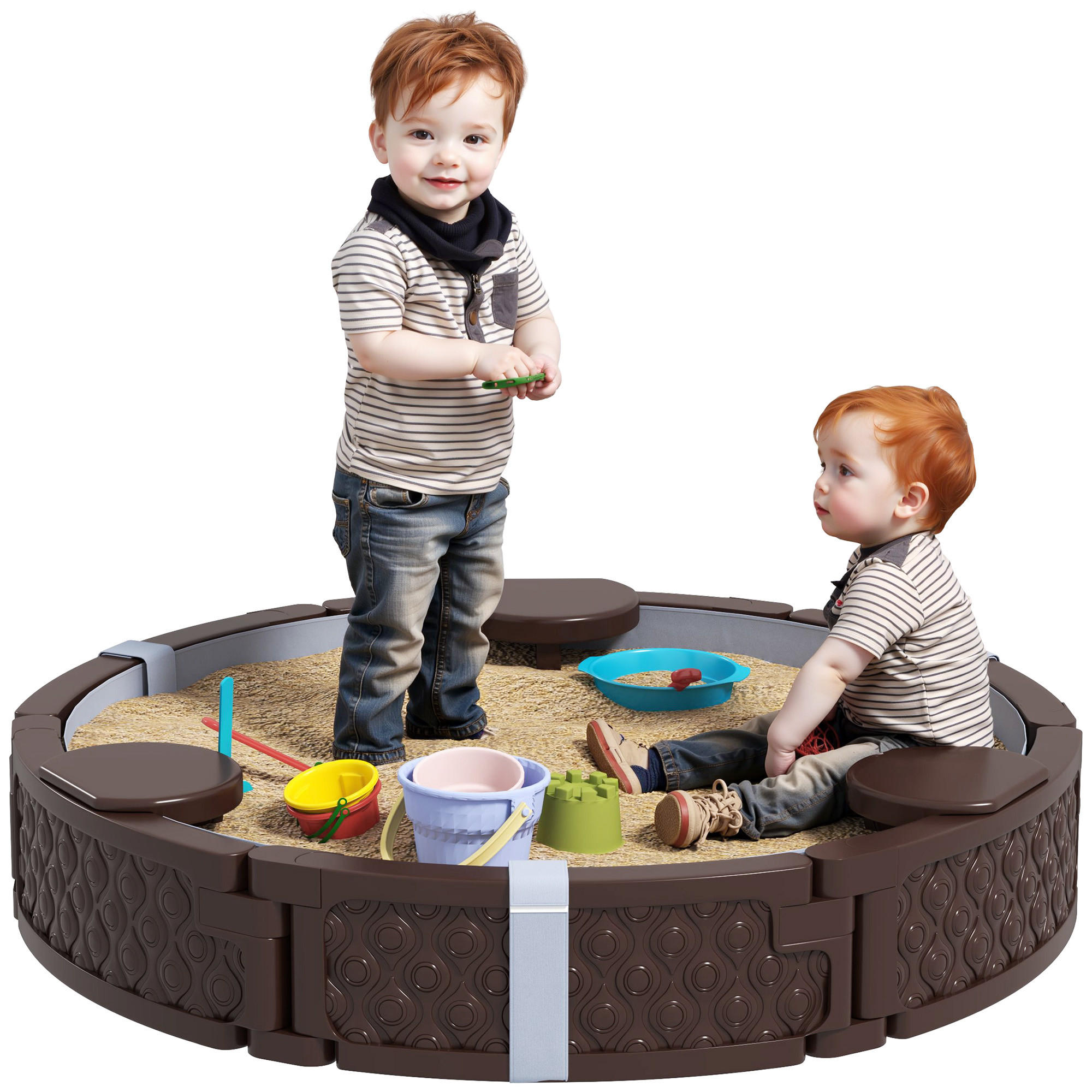 SANDKASTEN Runde Sandkiste für bis zu 3 Kinder, mit 3 Sitzen, Dunkelblau - Braun, Kunststoff (120/120/22cm) - AIYAPLAY