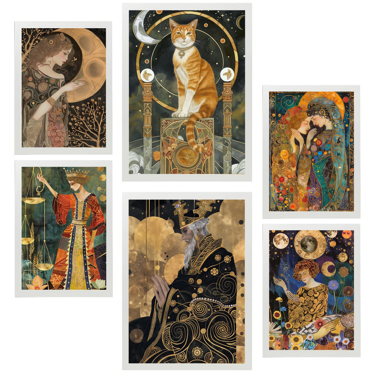 POSTER Set Mit 6 Tarotkarten Kartomantie Arcana A3 & A4 Weißer Rahmen - Weiß, Papier (29/3cm) - Nacnic