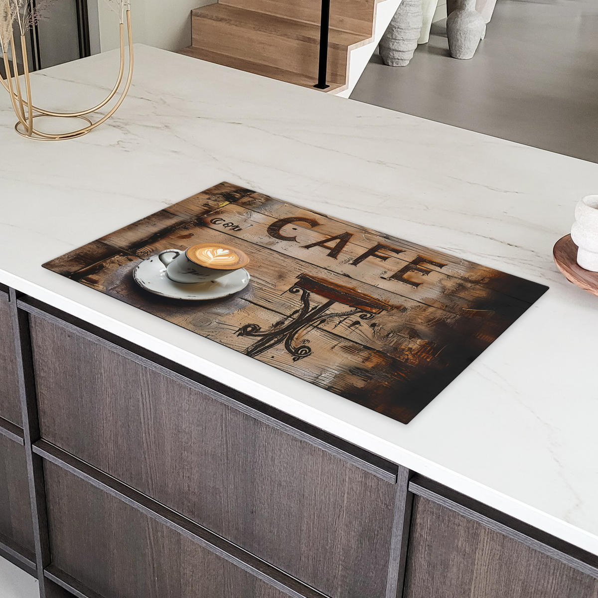 HERDABDECKPLATTE Cafe - Holz - Kaffee - Regale Induktionsschutz 91.2x52 cm - Schwarz, Kunststoff (91.2/52/0.2cm) - MuchoWow