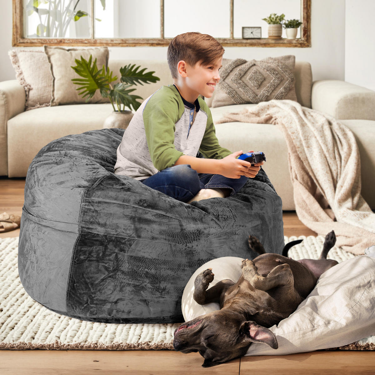 RIESEN-SITZSACK XXL JUMBO Velours 3ft - Dunkelgrau, Textil (105/65/105cm) - Green Bean