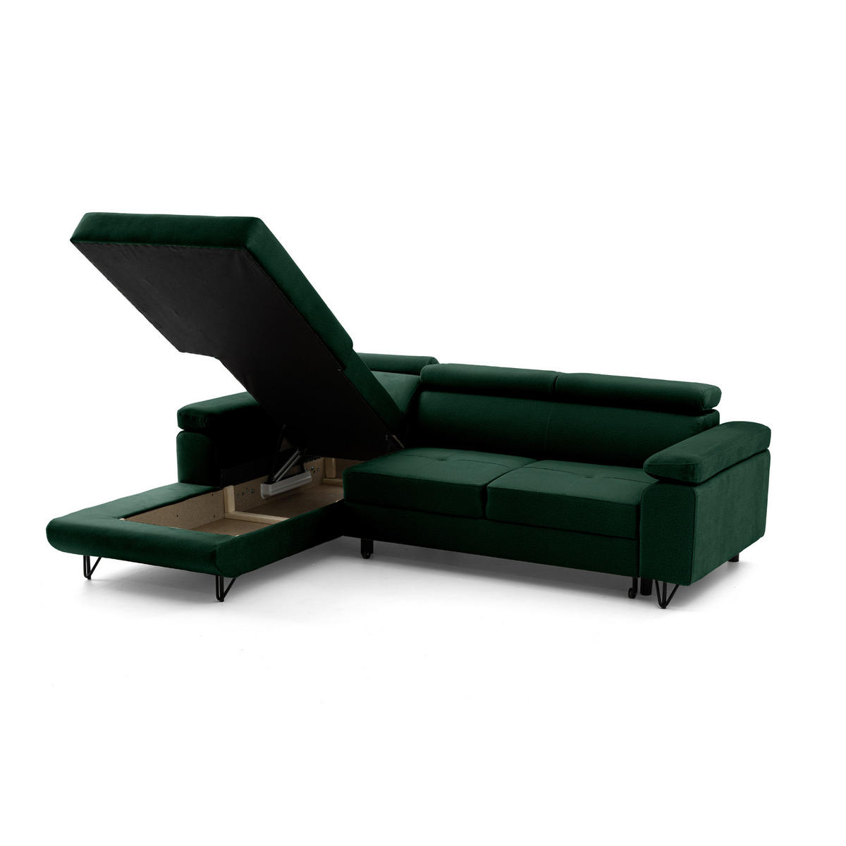 ECKSOFA NORIS L Links mit Schlaffunktion 128x203 Velours Dunkelgrün - Dunkelgrün/Schwarz, Holz/Textil (250/183cm) - Muffo