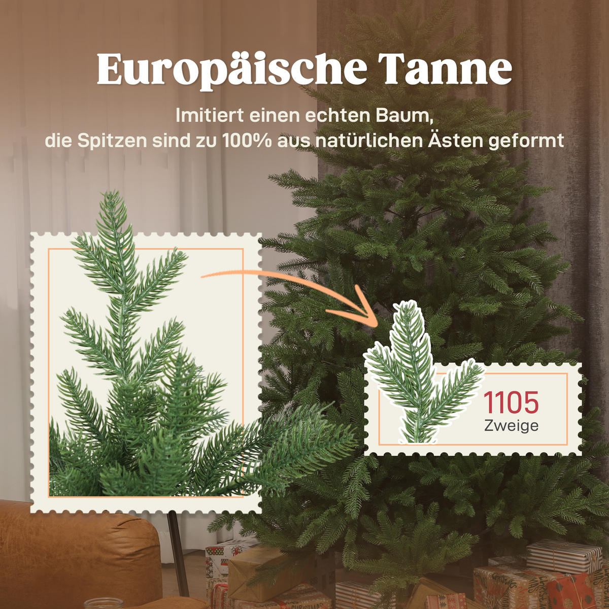 WEIHNACHTSBAUM künstlich 210 cm Christbaum mit 1105 Zweigen, Kiefernholzsockel - Grün, Kunststoff (210cm) - HOMCOM