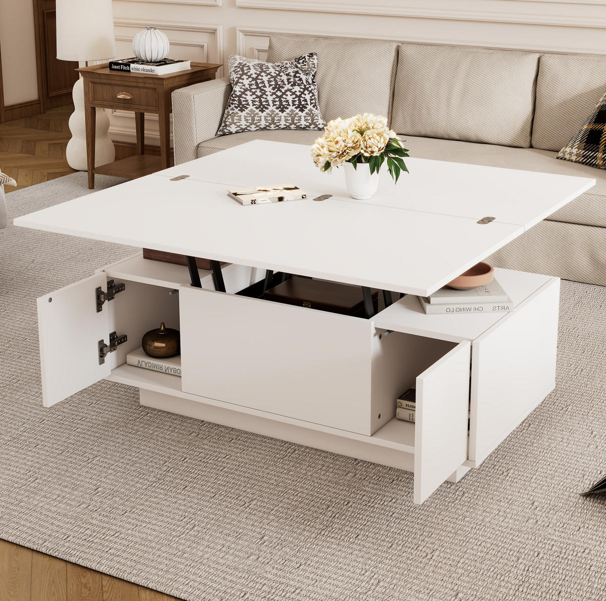 COUCHTISCH aus Spanplatte 100x50x43 cm Weiß mit Doppel-Hebemechanismus und verstecktem Stauraum - Weiß, Holzwerkstoff (100/50/43cm) - IVMEU