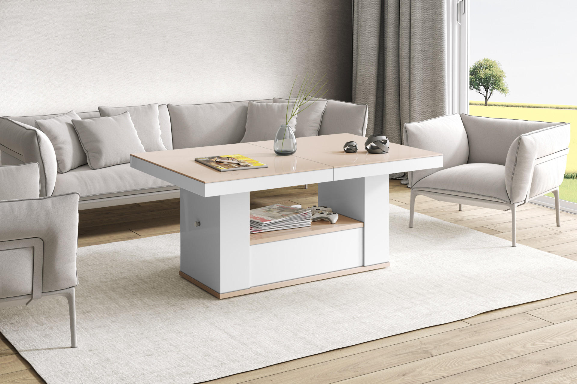 COUCHTISCH rechteckig Cappuccino Hochglanz - Weiß Hochglanz 120/75/54 cm - Weiß Hochglanz/Cappuccino, Holzwerkstoff (75/120/54cm) - designimpex
