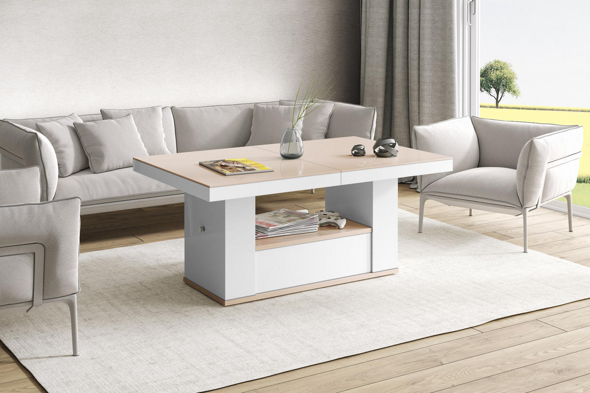 COUCHTISCH rechteckig Cappuccino Hochglanz - Weiß Hochglanz 120/75/54 cm - Weiß Hochglanz/Cappuccino, Holzwerkstoff (75/120/54cm) - designimpex