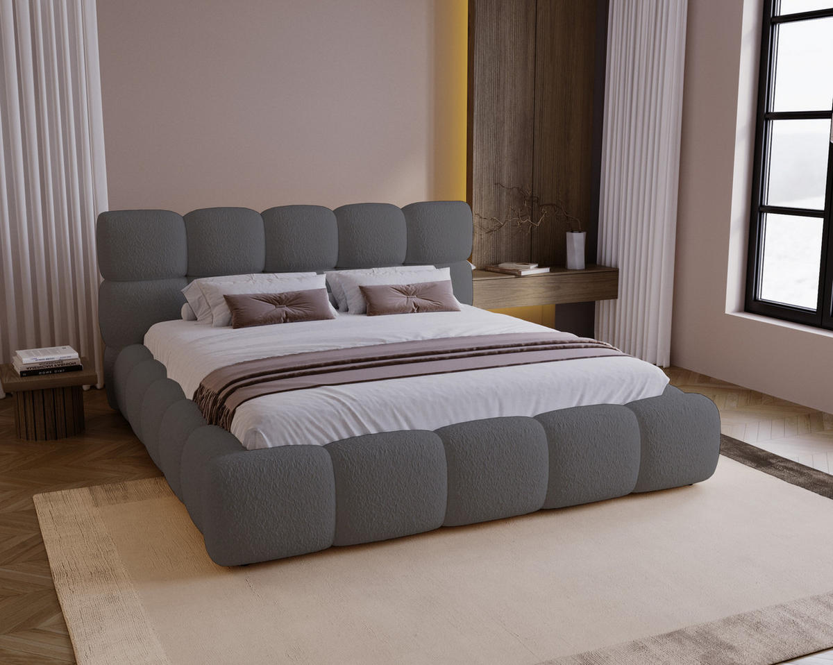 DOPPELBETT 200x200 Lucca mit Bettkasten, Stoff Bouclé, Grau - Grau, Holz/Textil (200/200cm) - Emporius