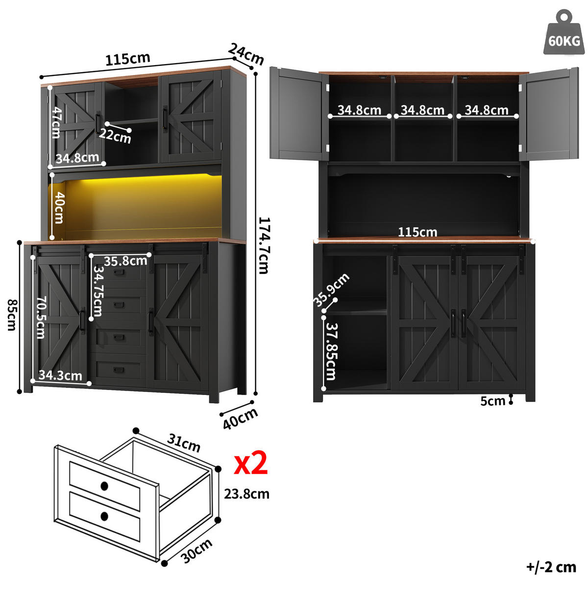 BUFFET 115/40/174,7 cm schwarz aus MDF/Metall mit LED - Schwarz, Holzwerkstoff (115/174.7/40cm) - OKWISH