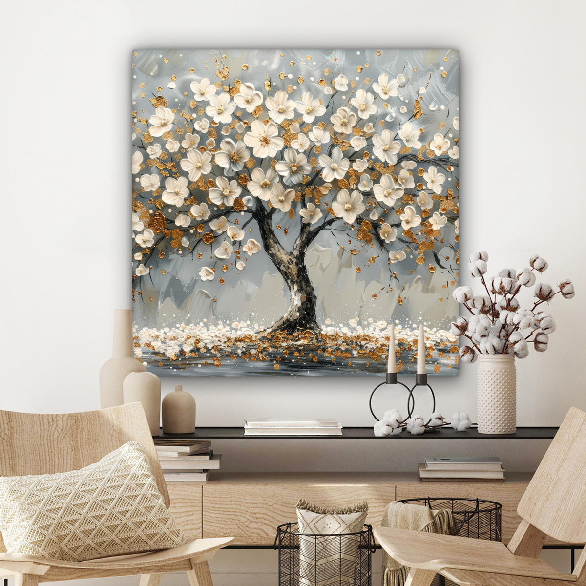 LEINWANDBILD Baum - Blumen - Weiß - Natur - Kunst 90x90 cm - Weiß, Textil (90/90cm) - MuchoWow