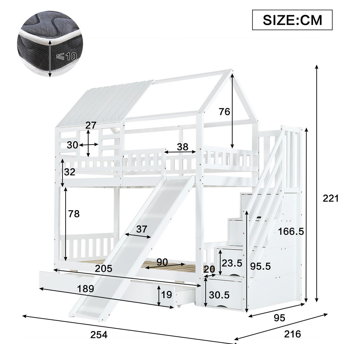 HAUSBETT 90/200 cm mit Treppe und Rutsche in Hausoptik Weiß - Weiß, Holzwerkstoff (90/200cm) - BEAOK