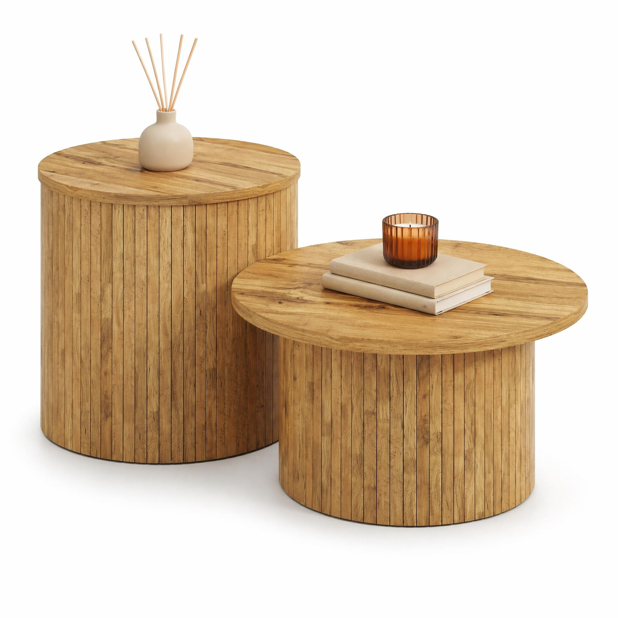 COUCHTISCH SET in Naturfarben mit 2 runden Tischen und Naturholzlatten für Wohnzimmer, B75/T75/H36cm und B50/T50/H50.5cm - Naturfarben, Holzwerkstoff (75/75/50.5cm) - STILVORA