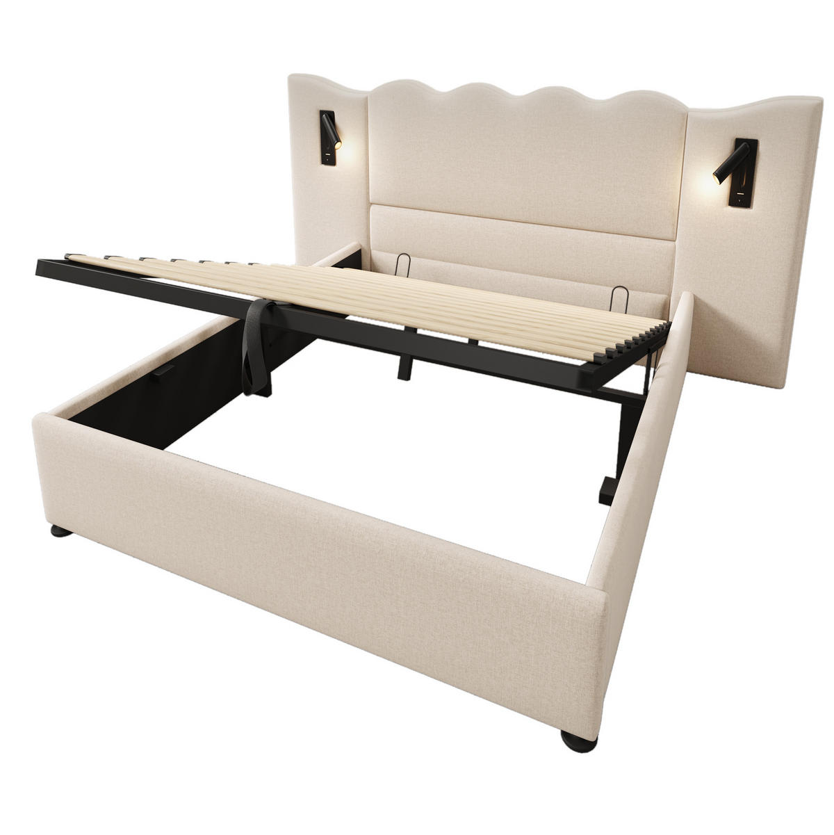 POLSTERBETT aus Leinen 160x200 cm Beige mit Bettkasten, Leselampe und USB-/Type-C-Anschlüssen - Beige, Textil (160/200cm) - IVMEU