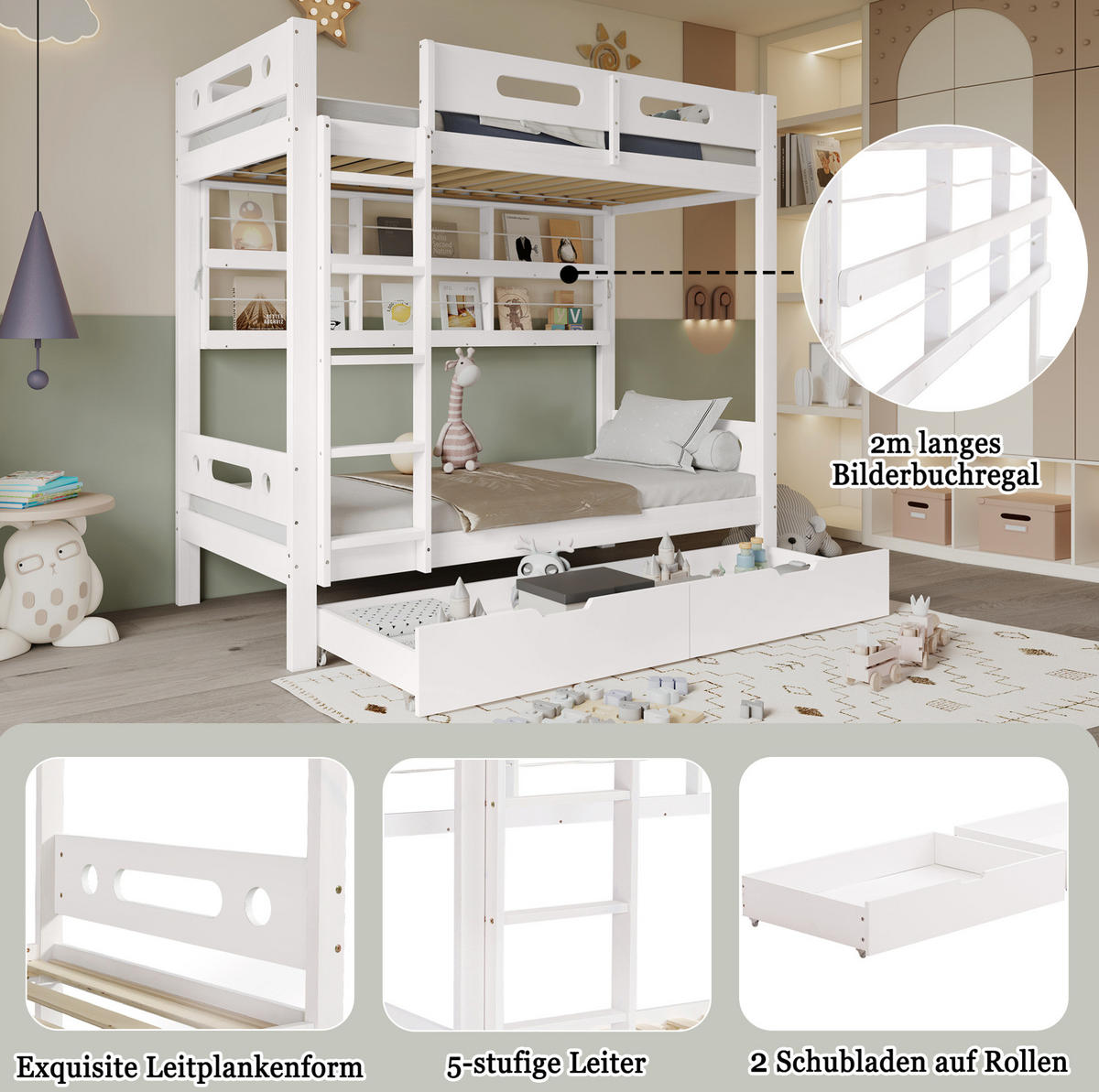 ETAGENBETT 90/200 cm mit 5-stufiger Leiter, Regalfach und 2 Schubladen, Kiefer/MDF, Weiß/Natur - Weiß, Holz (90/200cm) - Redom