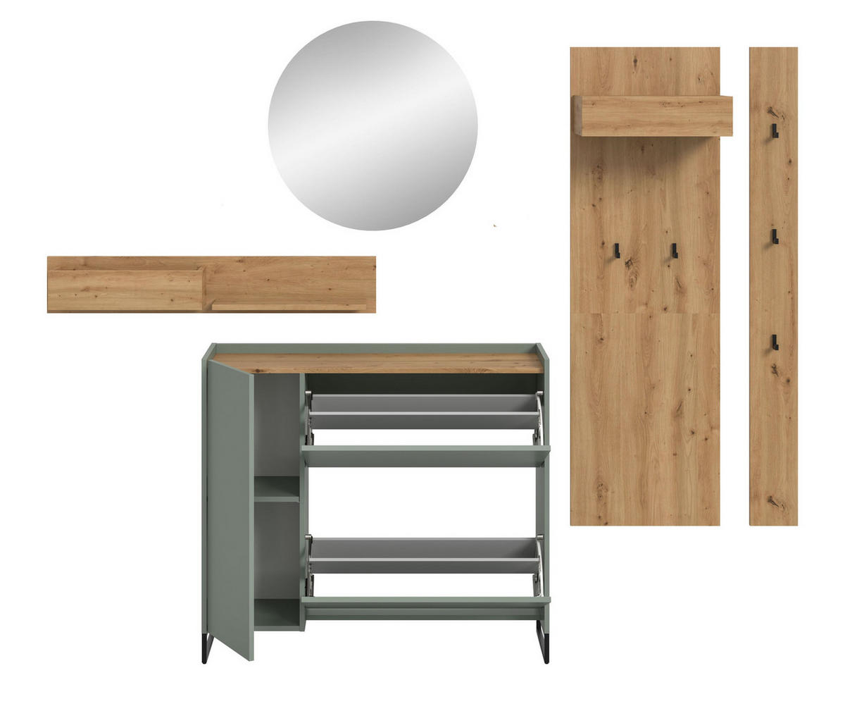 GARDEROBE Flow (B/H/T: ca. 236/197/32 cm) 5 tlg. in Salbei/Salbei - Salbeigrün, Holzwerkstoff (236/197/32cm) - Homes & Jones